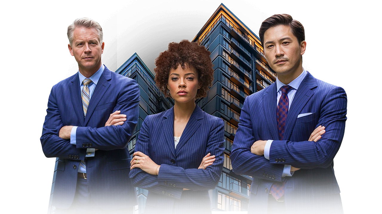 Three California estate planning attorneys in blue suits stand outside a law office.