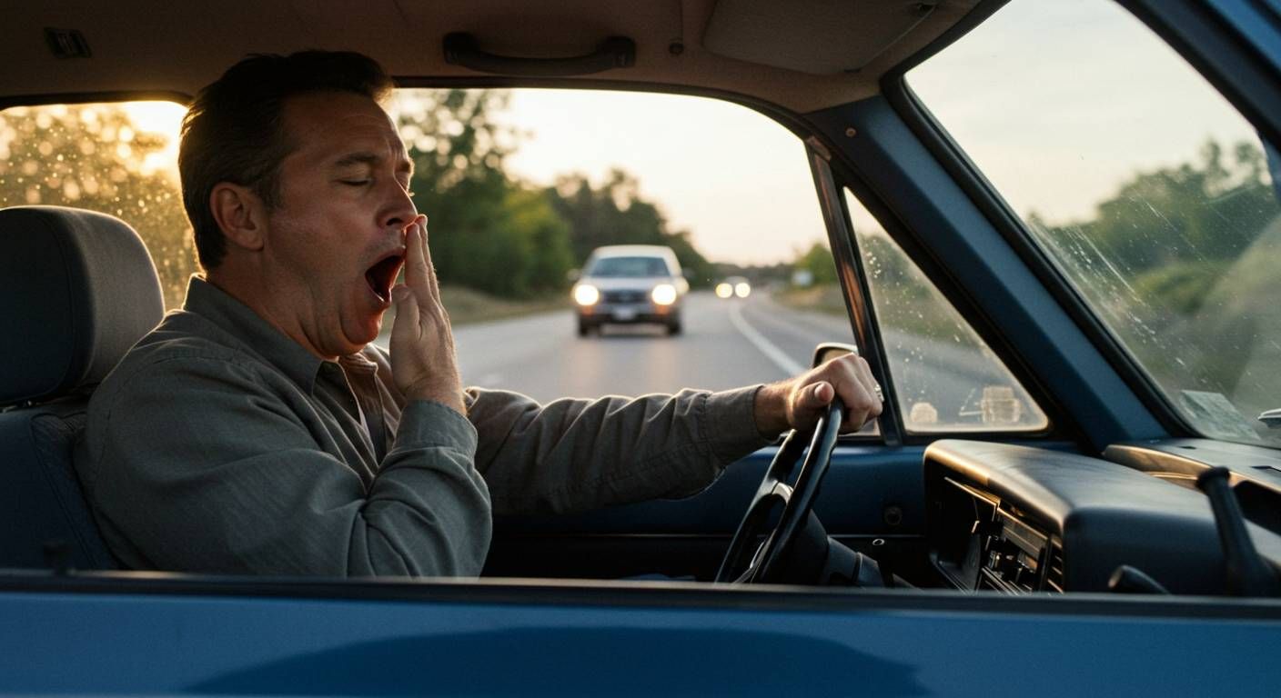 Driver yawning while driving a car on the road