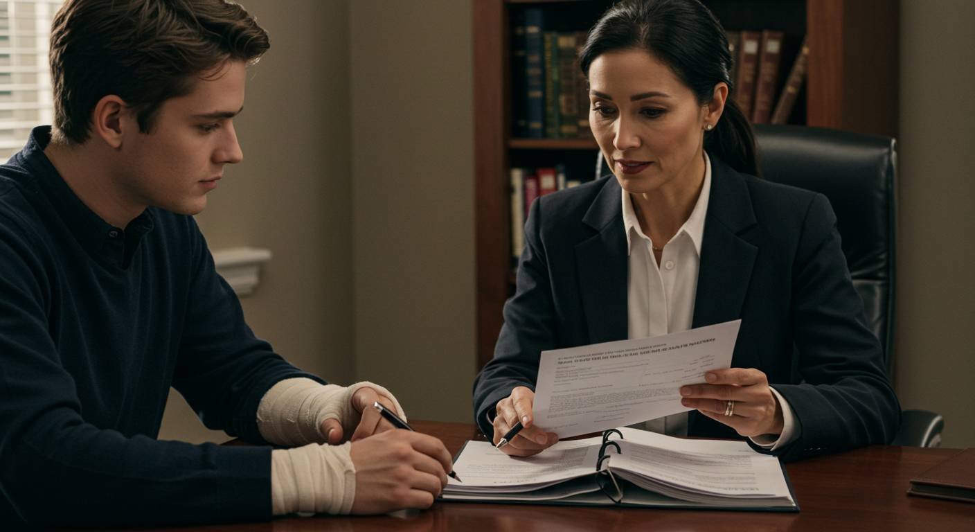 Injured man consulting lawyer with documents in office