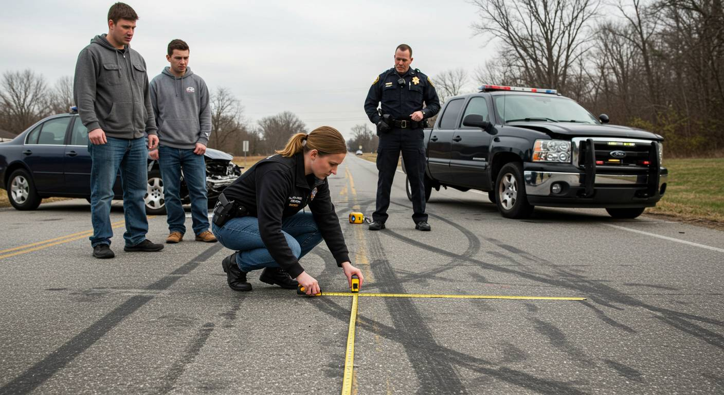 Investigators measuring skid marks at car accident scene