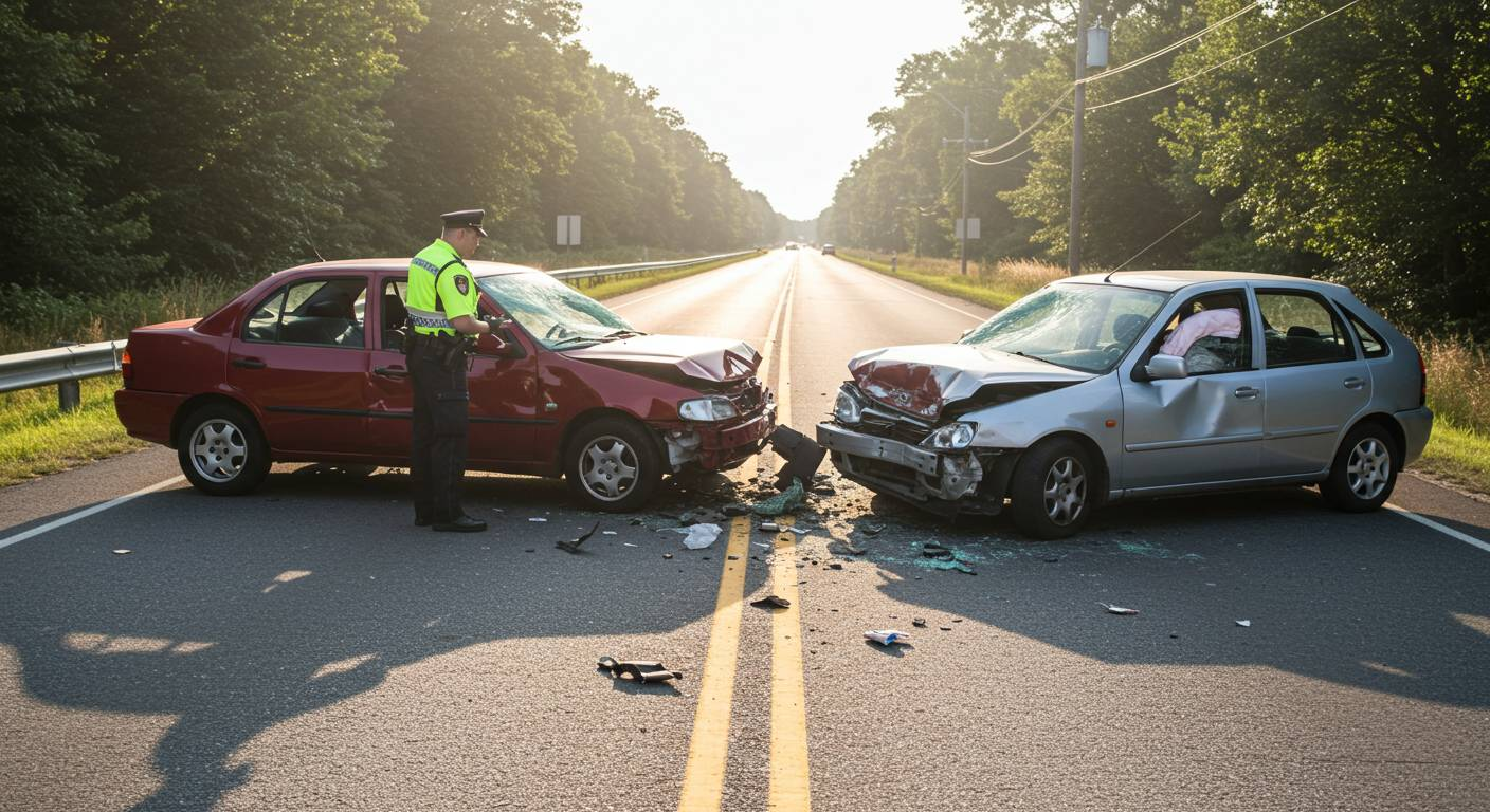 Police officer inspects two cars after head-on collision on road