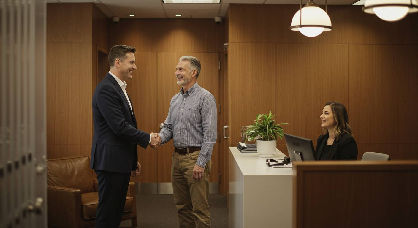Two men shaking hands in office reception area