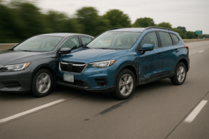 Blue SUV and gray sedan in a sideswipe car accident on a highway, with door damage and tire scrub marks