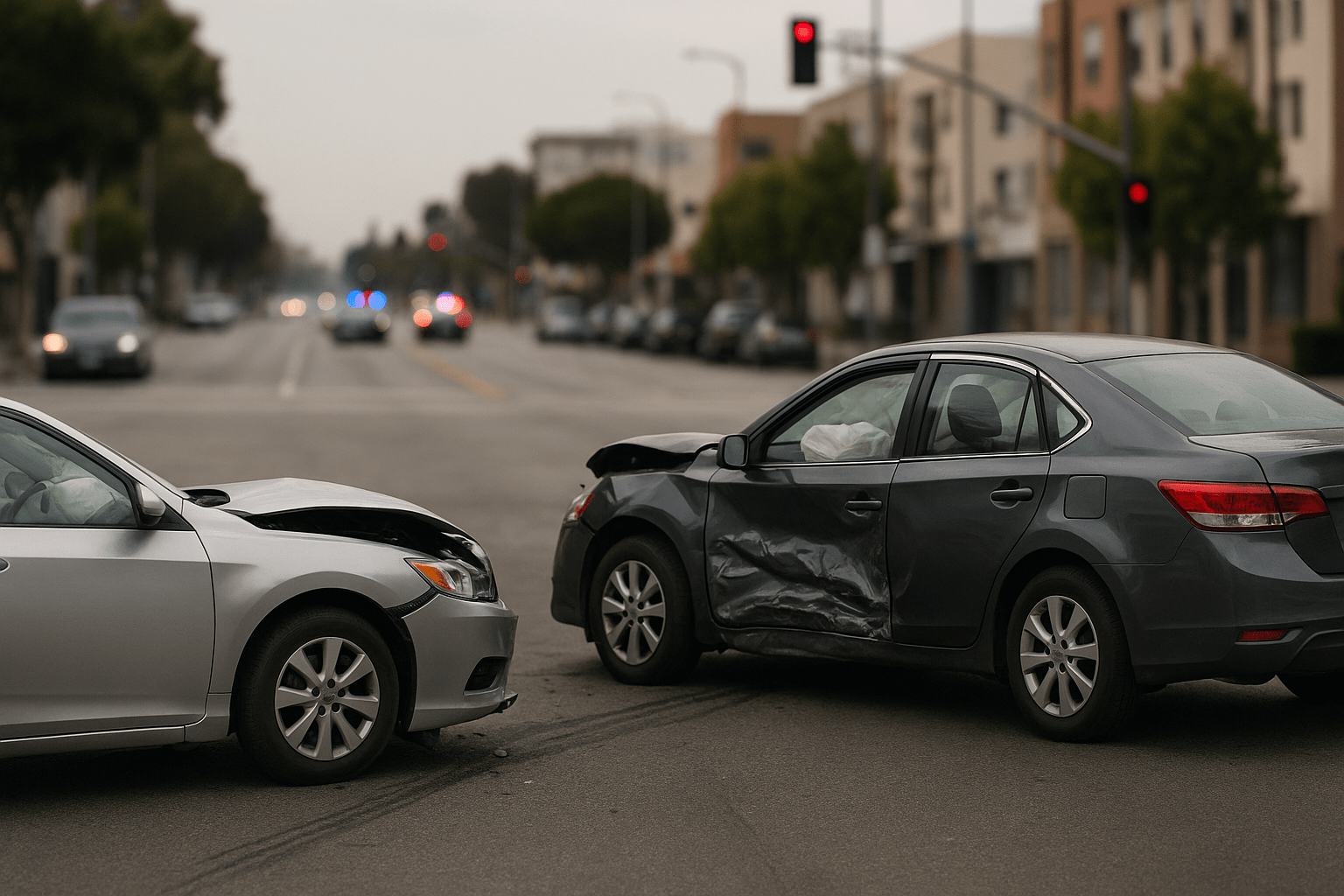 Two sedans after a T-bone collision at a city intersection, airbags deployed and body panels crushed